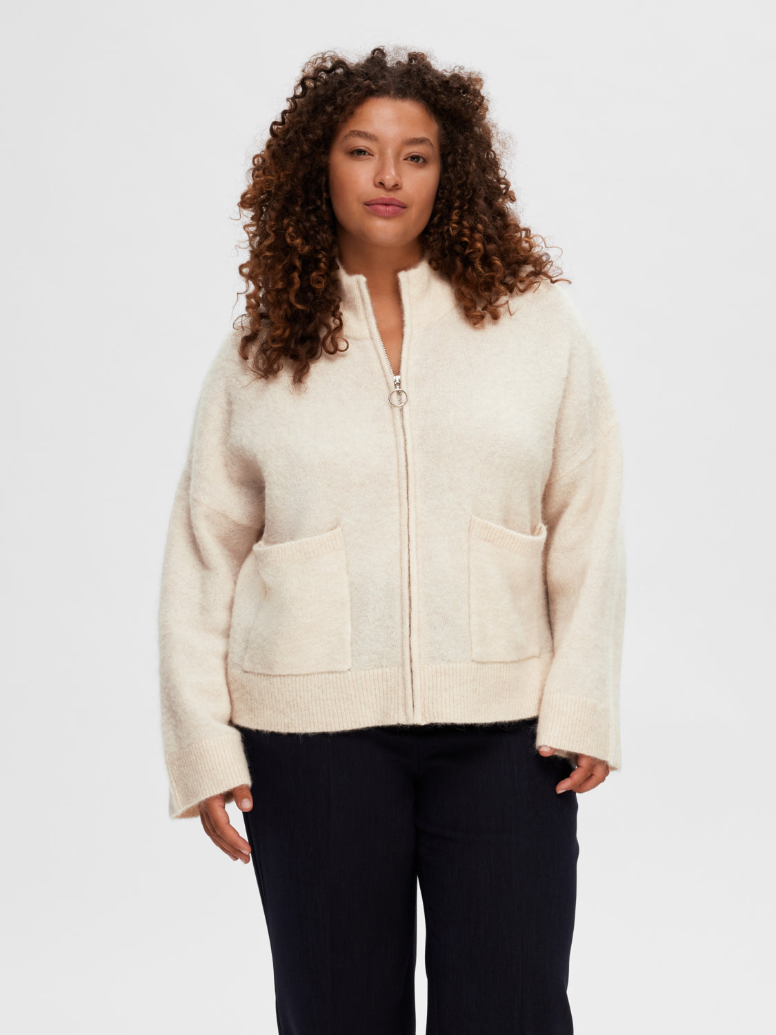 Sia Ras Zipper Strikket Cardigan - Beige/ Birch